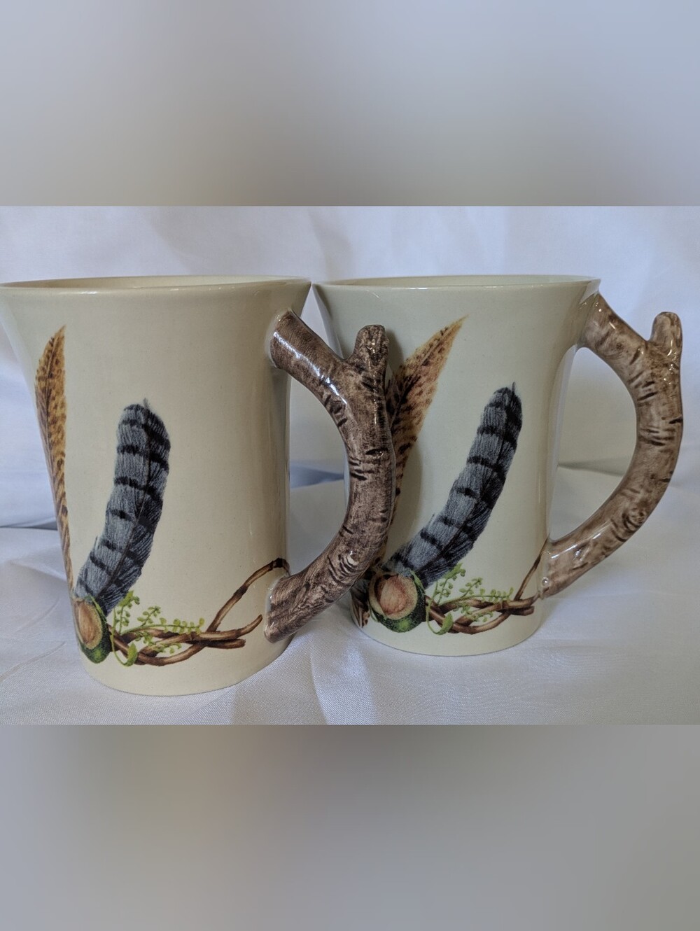 New Juliska Forest Walk Stoneware Mugs - Set of 2 (Feather Pattern)